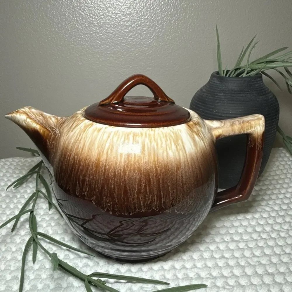 Vintage McCoy USA Pottery 140 Brown Drip Glaze Teapot Stoneware Rustic w Lid